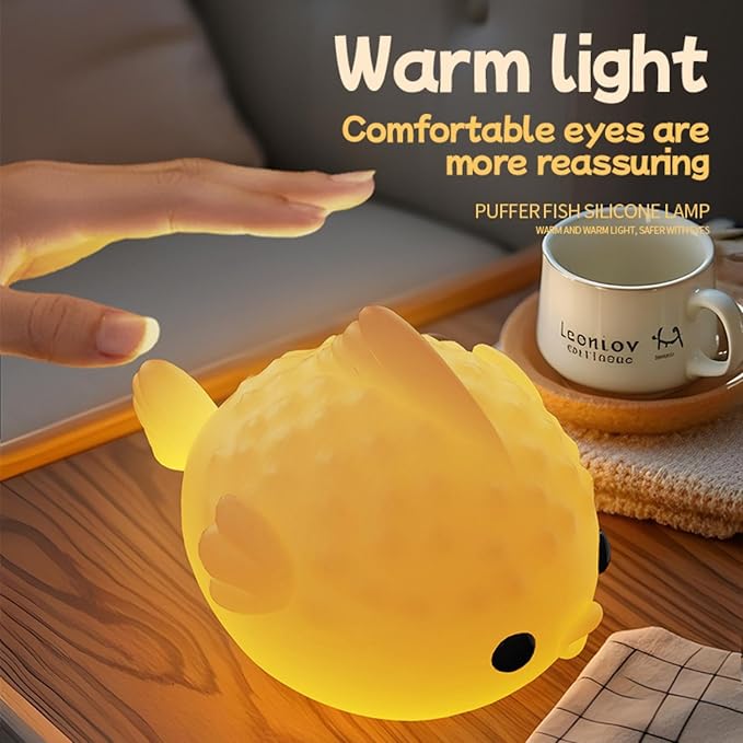 White Pufferfish Night Light - Silicone Touch Sensor Lamp for Nursery, 3 Adjustable Brightness, USB-C Rechargeable Baby-Safe Bedside Light, Modern Kids Room Decor & Toddler Sleep Aid