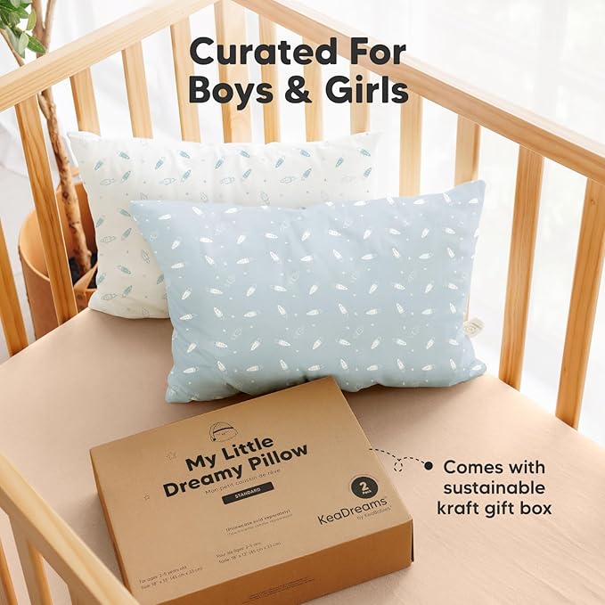 KeaBabies 2-Pack Toddler Pillow 13x18 - Soft Organic Cotton Kids Travel Bed Pillows for Sleeping, School, Nap, Machine Washable, Toddlers 2 to 5, Pillowcase Sold Separately (Spacecrafts)