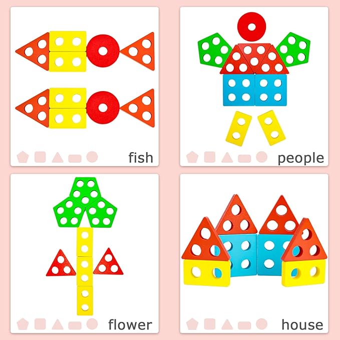 LovesTown Stacking and Sorting Learning Puzzles, Montessori Wooden Sensory Toys for Toddlers, 20 PCS