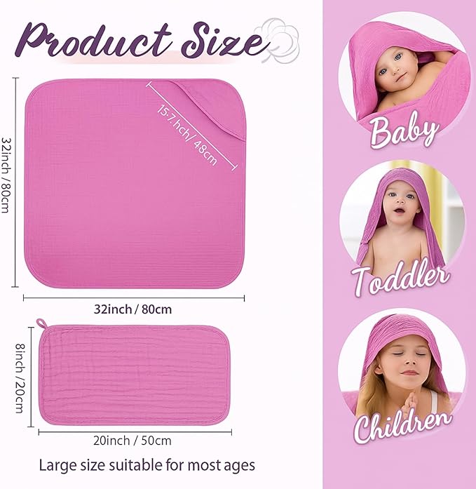 VitalCozy 8 Pcs Baby Muslin Hooded Bath Towels and Washcloths, 32 x 32 Inch Muslin Hooded Baby Towels Absorbent Blankets for Gift Newborn Infant Shower (Pink,Purple)