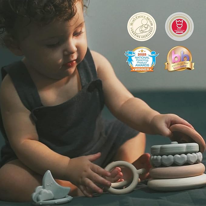 Moonkie Stacks of Circles Soft Teething Toy | Educational Learning Baby Toy | Stacking Ring Toys for Babies Boy and Girl | 7 Piece Teethers Set