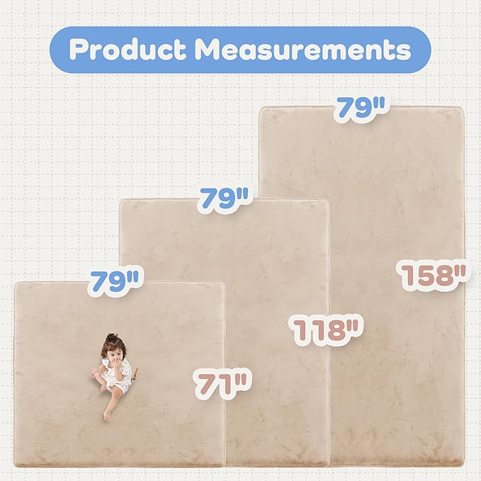 1.3" Thick Baby Floor Play Mat 79x118, Basic Padded Foam Mat for Tummy Time Crawling, Non Slip Cushioned for Babies Toddlers Infants Kids (Beige)