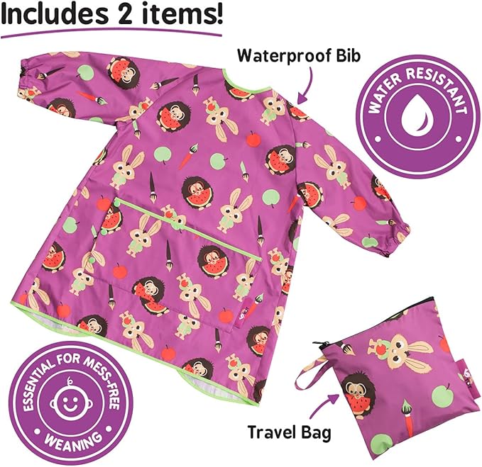 Tidy Tot - Long Baby Bib - Mess Proof Long Sleeve Feeding Smock with Large Food Catcher Pocket - Waterproof Bib