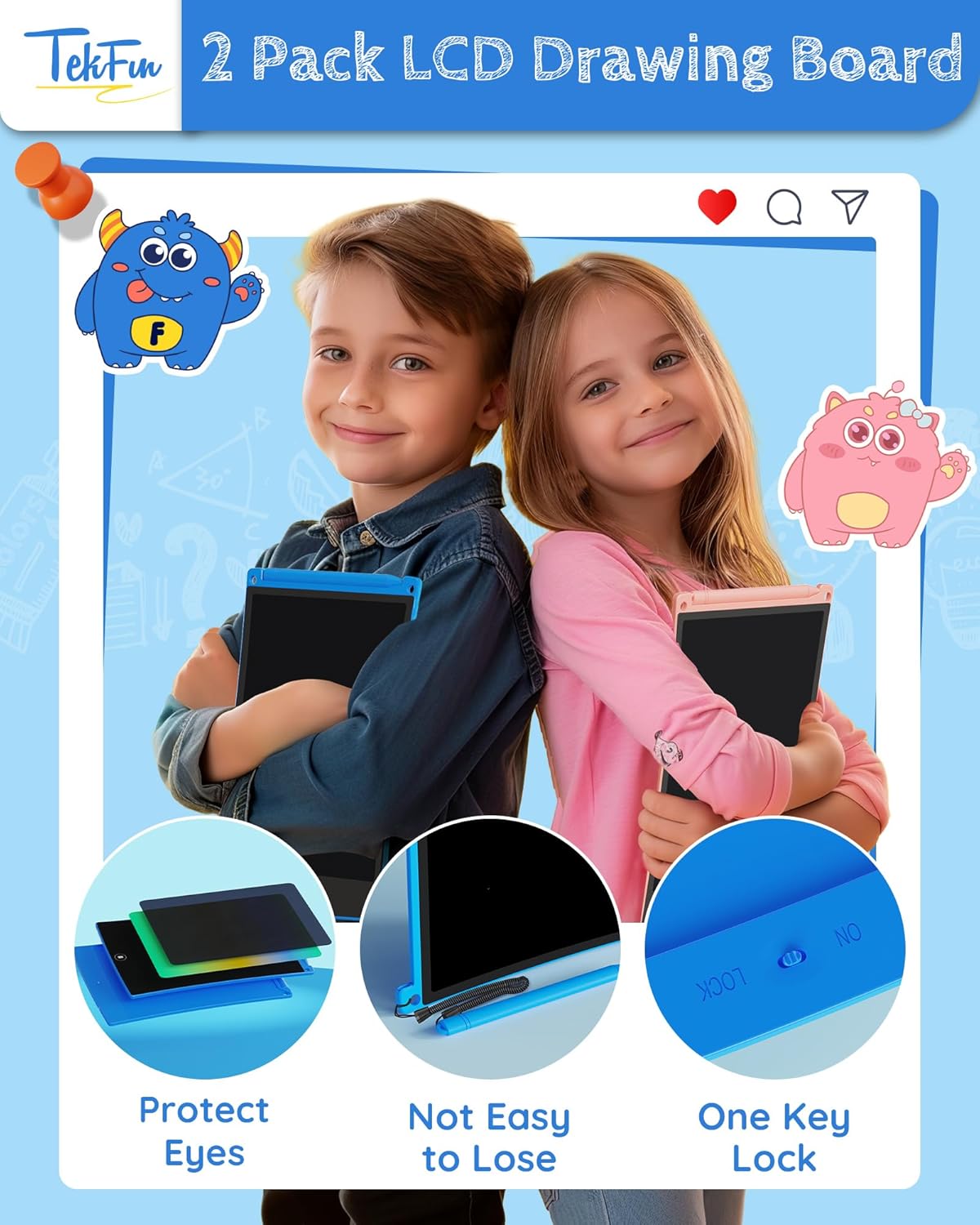 TEKFUN 8.5in 2 Pack LCD Writing Tablet for Kids Coloring Doodle Board Magic Drawing Pad for Kids with Anti-Lost Stylus, Car Trip Educational Toys Birthday Gift for 3 4 5 6 7 Kids Girls Boys Toddlers