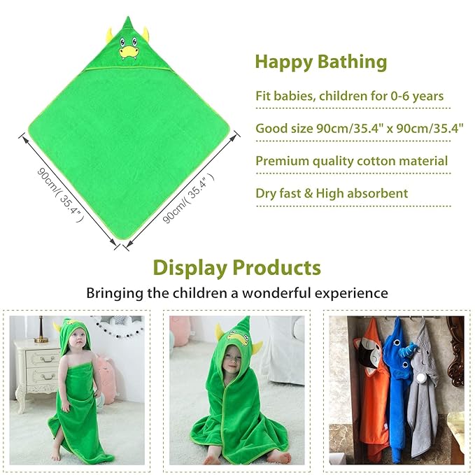 MICHLEY Unisex Baby Animal Hooded Bath Towel Soft Cotton Beach Swimming Bathrobe for 0-6T, Green