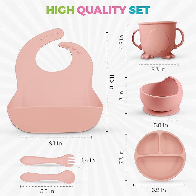SiliFun 8-Piece Silicone Baby Feeding Set – Complete Infant Mealtime Kit with Suction Bowl, Divided Plate, Bib, Spoon, Fork & Cup – BPA-Free, Dishwasher Safe – Gift-Ready in Premium Branded Packaging