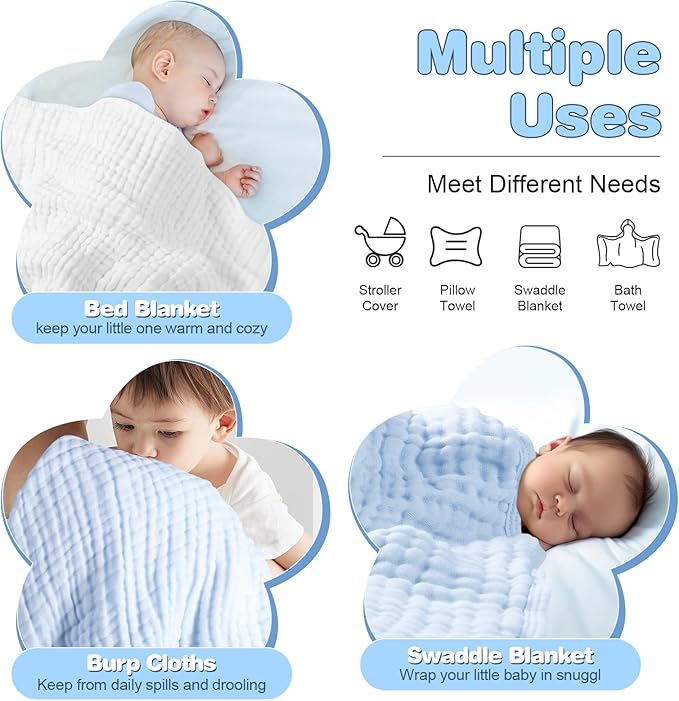 MUKIN Baby Hooded Towels, Muslin Cotton, 2-Pack, for Newborn, Infant, Toddler and Kids (White,Blue)