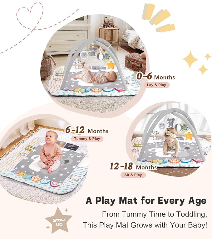 Baby Play Mat Activity Gym with Tummy Time Pillow, 6 Developmental Zones Tummy Time Mat, 6 Detachable Sensory Toys and Educational Cards, Essential Baby Shower Set, Grey Koala