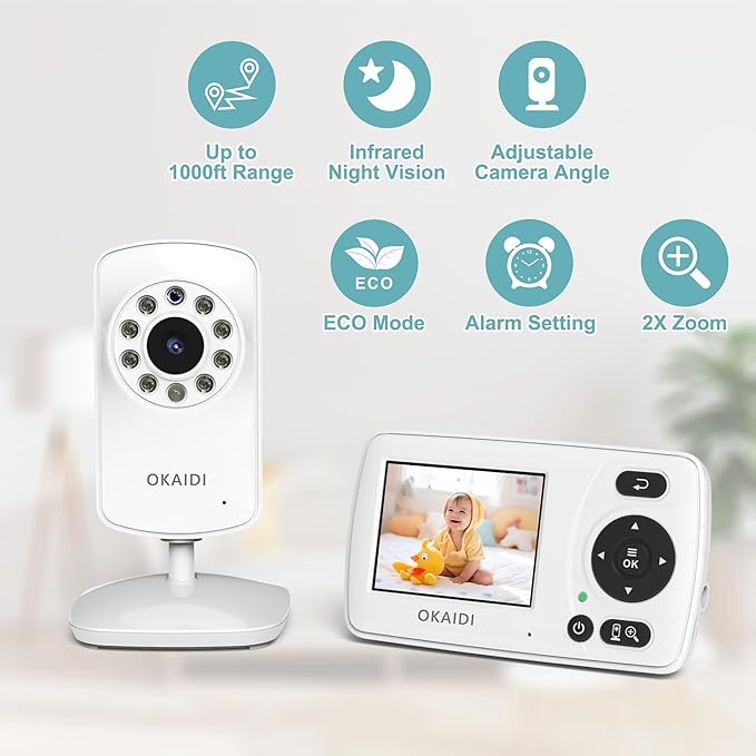 OKAIDI Video Baby Monitor with Camera and Audio, 2.4'' Portable Travel Baby Monitor No WiFi, Infrared Night Vision, VOX Mode, 1000ft Long Range, Ideal for Baby/Pet/Elderly