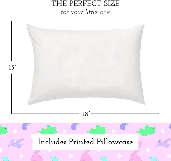 Little Sleepy Head Toddler Pillow with Pillowcase 13x18 - Kids Pillow for Sleeping - Better Neck Support Ergonomic Pillow and Toddler Pillowcase - Best Pillows for Kids (Dinosaurs Pink)