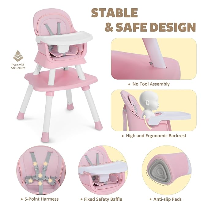Baby High Chair, 8 in 1 Convertible Highchairs for Babies and Toddlers, Children Dining Booster Seat/Kids Building Block Table for Girls Boys, Baby Seat with Removable Tray,Pink & White