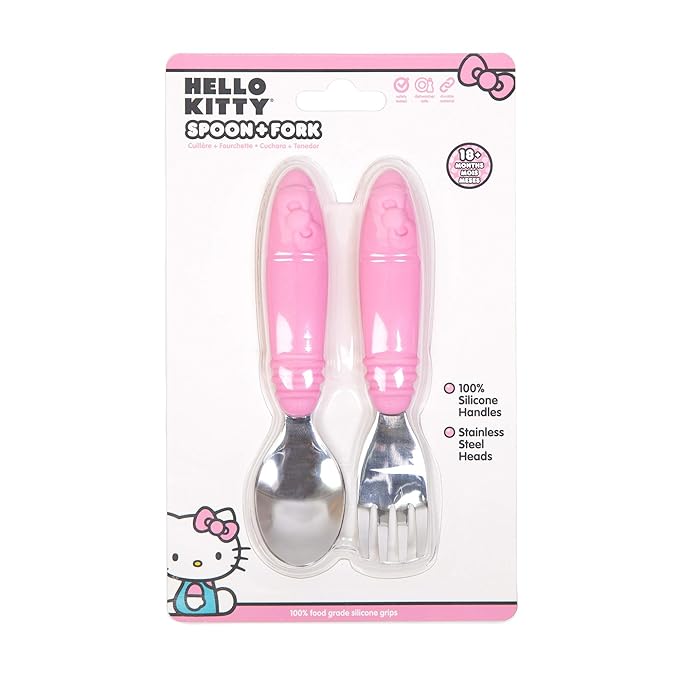 Bumkins Toddler Utensils, Kids Size Fork and Spoon Set, Silicone and Stainless-Steel Training Silverware, Angled Fork / Spork for Self-Feeding, Children Learning to Eat, 18 Mos Up, Hello Kitty Pink