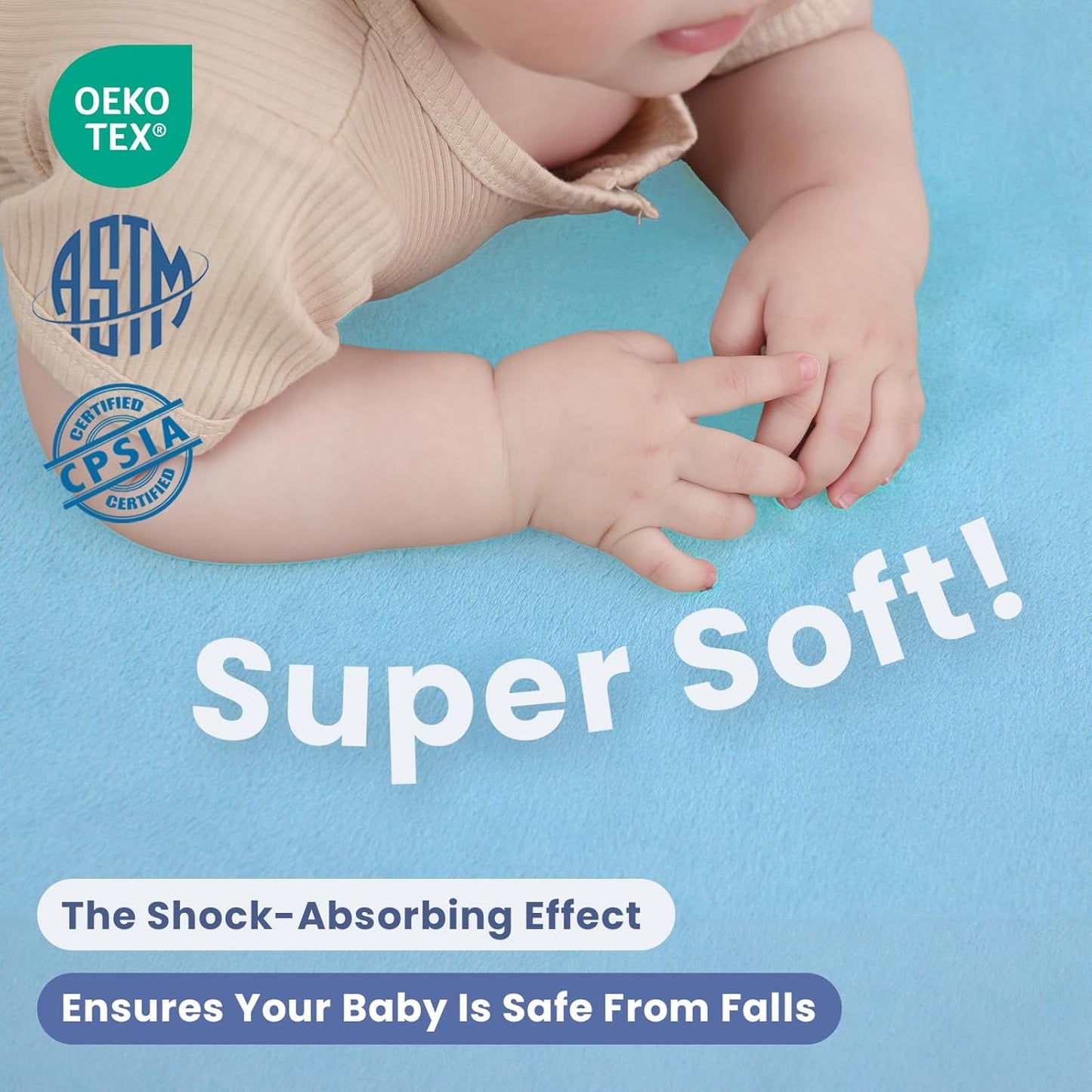 Baby Play Mat for Floor,1.3" Thick Elasti-Foam 50x50 Playpen Mat for Toddlers Infant kids,Water-Repellent Soft Coral Velvet for Tummy Time,Non-Slip Backing for Crawling,Tatami Style(Light Blue)