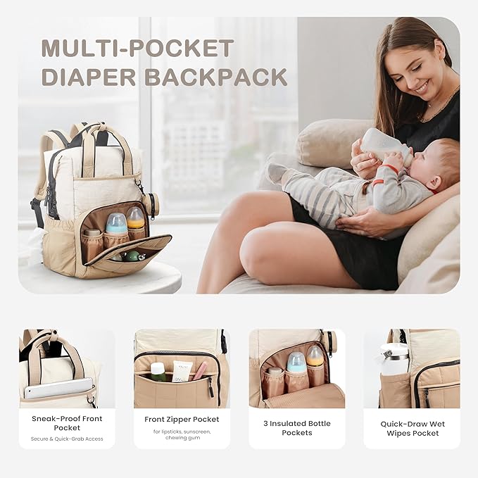 VONAL Diaper Bag Backpack, Lightweight Baby Diaper Bags, Travel Large Diaper Bag with Changing Station, Khiki Diaper Backpack for Boys Girls Newborn with Insulated Pockets, Stroller Straps