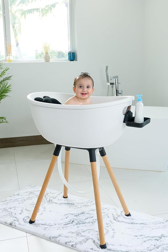 Luxury Baby Bathtub with Wooden Stand – 3-Stage Convertible, Ergonomic & Back-Saving Design (Black Bundle (Modern))
