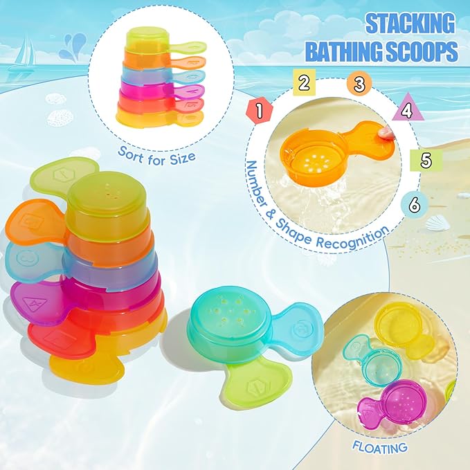 Baby Bath Toys for Kids Ages 1-3, 11PCS Mold Free Bath Toys for Toddlers with Floating Boats and Spoons, Baby & Toddler Bathtub Water Table Pool Sand Play Toys for Christmas Stocking Stuffers