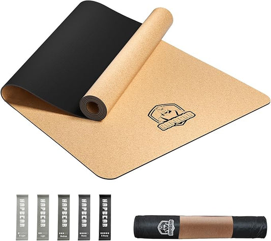 HAPBEAR Large Cork Yoga Mat - 72"x36" Wide Non-Slip for Home Workout, Yoga, Pilates & Stretching - 6mm Cushioned Support - Eco-Friendly & Durable - Bonus Resistance Bands & Carry Bag Included