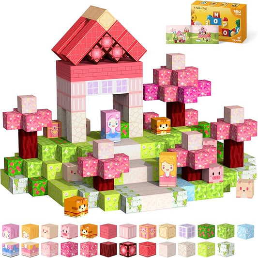 Magnetic Blocks Kid Building Toys - 120Pcs Magnet Cubes Toddler Montessori Sensory STEM Toy for 3-5 4-6 5-7 6-8 Year Old Boys Girls, Build Pink Castle Set