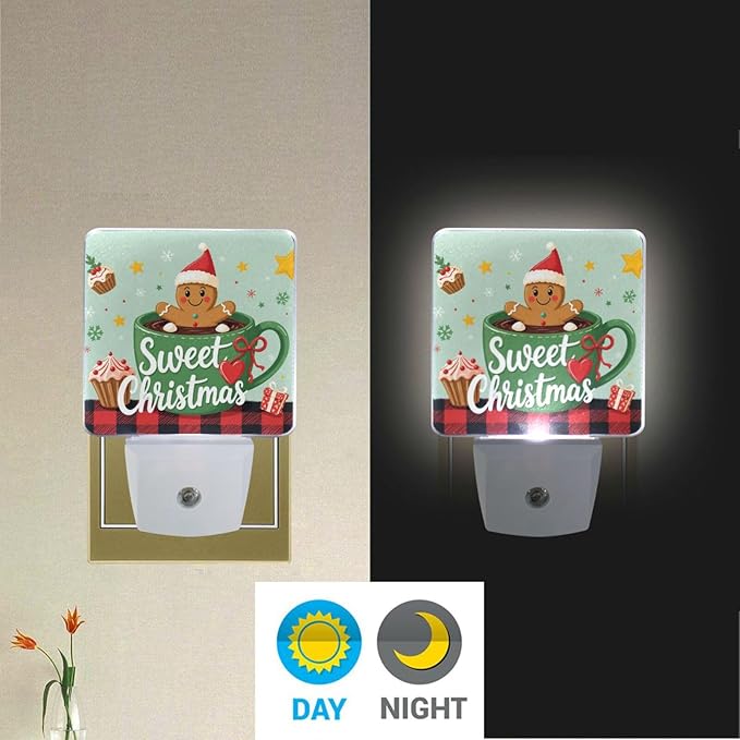 Aslsiy Night Light for Kids Gingerbread Man Cup Christmas Plaid Plug in Wall Lamp LED Dusk to Dawn Sensor Energy Saving Nightlight for Boys Girls Men Women