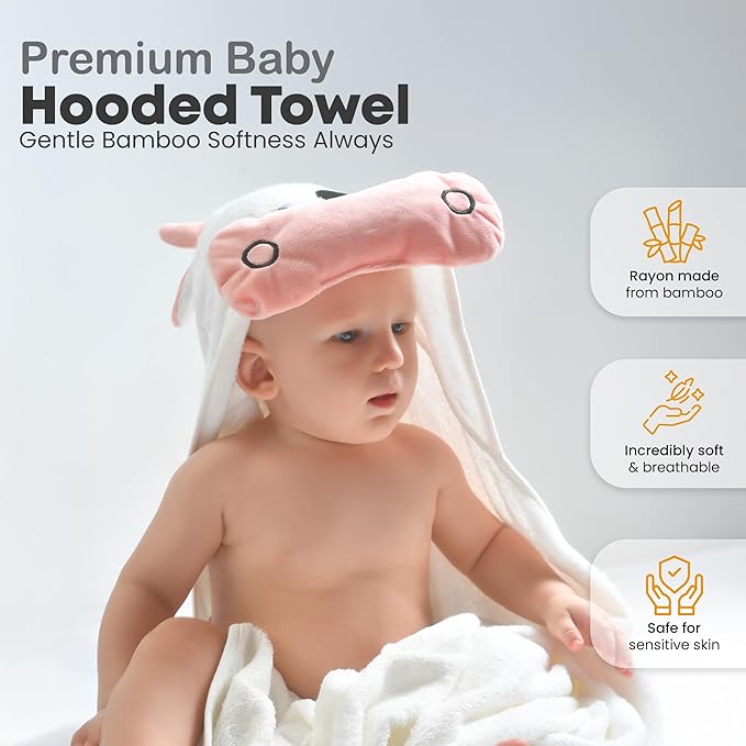 POCASOPA Hooded Towel with Cute Cow Design - Rayon Made from Bamboo Baby - Ultra Soft, Absorbent & Hypoallergenic - Large 35x35” Organic Towel for Newborns, Toddlers & Kids