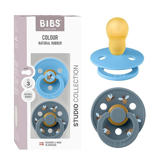 BIBS Studio Soother 2-Pack, BPA Free Dummy Pacifier, Round Nipple. Natural Rubber Latex, Made in Denmark, Size 3 (18+ Months), Breeze/Petrol