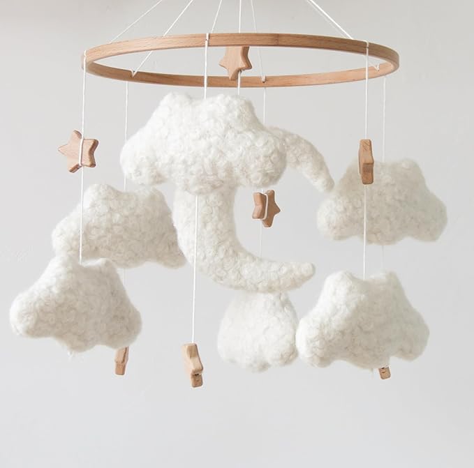 Cloud Mobile for Crib Neutral Baby Mobile for Crib Bassinet Boucle Cloud Baby Crib Mobile for Girls Boys Boho Nursery Mobiles with Wooden Stars