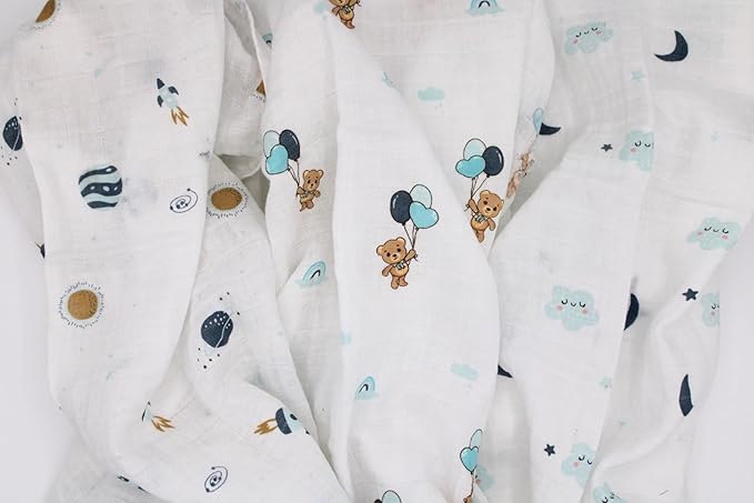 100% Muslin Cotton Baby Receiving Cloths, 3-Pack, 27x27 in (70x70cm), Soft & Gentle for Newborns, Sensitive Skin Safe, For Feeding, Burping & Comfort, 0+ Months (Spaceship/Teddy Bear/Clouds)