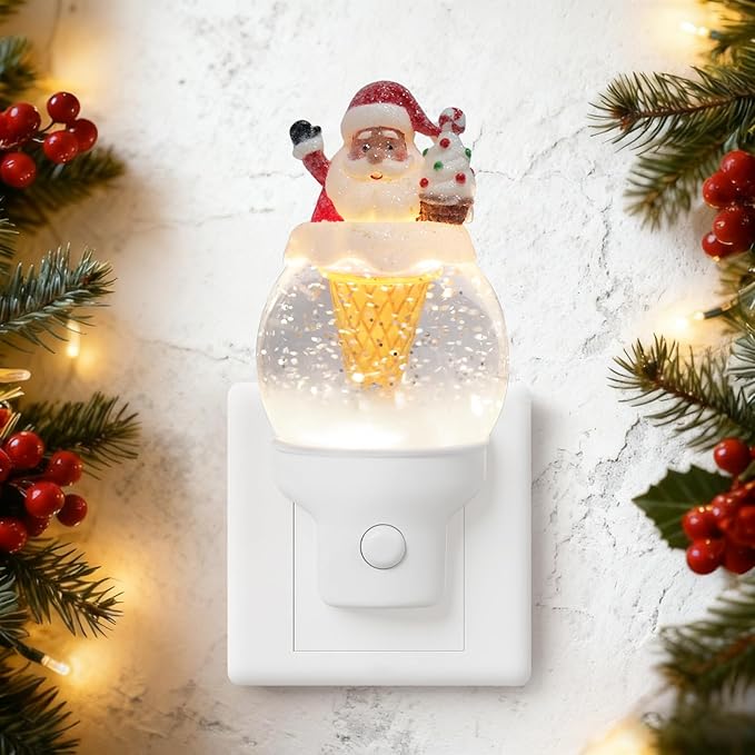 Christmas Night Light Plug into Wall Swirling Glitter USB Portable Christmas Decorative Night Light Decoration for Kids Adults Bedroom Kitchen Living Room Holiday Decor (Santa Cookie Cones)