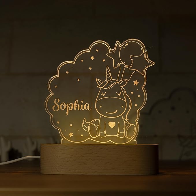 Night Light for Kids Room Personalized, Nursery Room Decor, Custom W/Name, Bedside Lamp, Birthday Gifts for Boys and Girls, Unicorn
