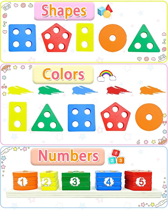 Montessori Toys for 1 2 Year Old Boys Girls, Toddler Toys for Age 1-2,1 2 Year Old Birthday Gifts, Wooden Blocks Sorting & Stacking Education Learning Toddler Puzzles Toy