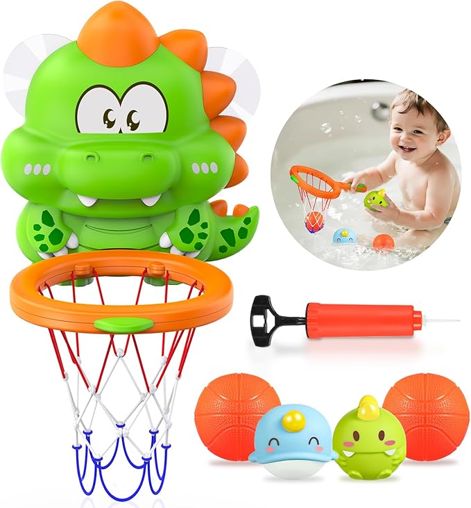 Topsolid Bathtub Basketball Hoop for Kids - Dino Style 2-in-1 Bath Toys with Strong Suction Cups & 4 No Hole Balls | Fun Shooting Game for Baby Toddler Boys & Girls Ages 1-8
