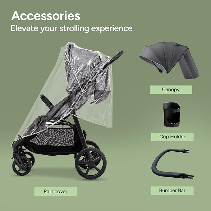 Mompush Nova Baby Stroller for Toddler, Infant & Newborn | Spacious Seat & Lie-Flat Mode | Compact One-Hand Fold, UPF 50+ Canopy & All-Wheel Suspension | Includes Rain Cover & Cup Holder, Grey