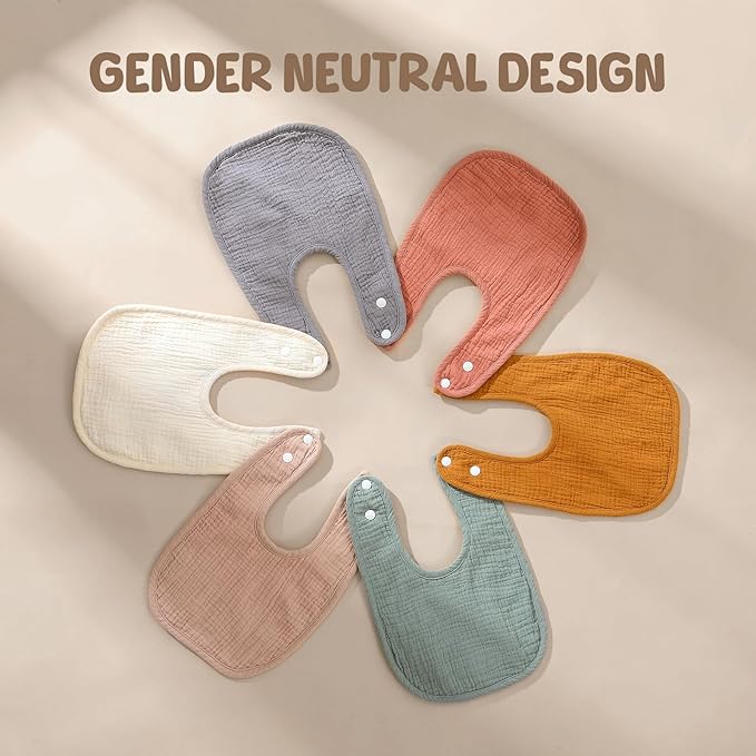 6-Pack Muslin Baby Bibs for Unisex Boys Girls, Cotton Baby Drool Bibs, Drooling and Teething Bibs for Infant