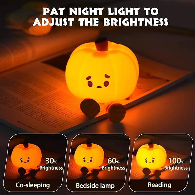 LED Pumpkin Night Light, 3 Level Dimmable Nursery Decor, Cute Lamp Silicone Squishy Light, Rechargeable Bedside Touch Lamp for Breastfeeding Toddler Baby Kids Decor
