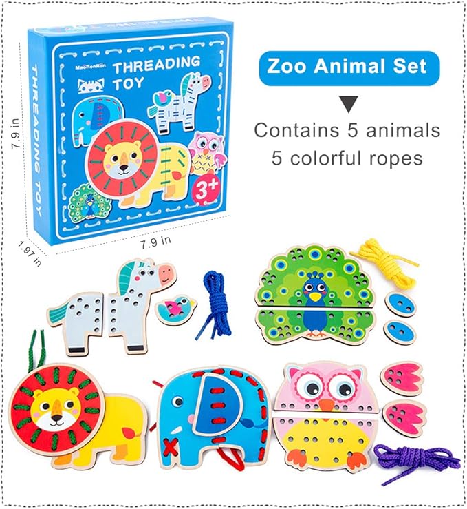Promise Babe 5 Pack Animals Lacing Cards Wooden Puzzle Threading Toys Montessori Sewing Cards for Toddler Early Learning Fine Motor Skills Preschool Toys…