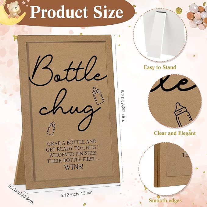 Roowest Bottle Chug Baby Shower Game Favors Including Kraft Theme Wooden Sign and 18 Pcs Baby Bottles for Gender Reveal Party Supplies