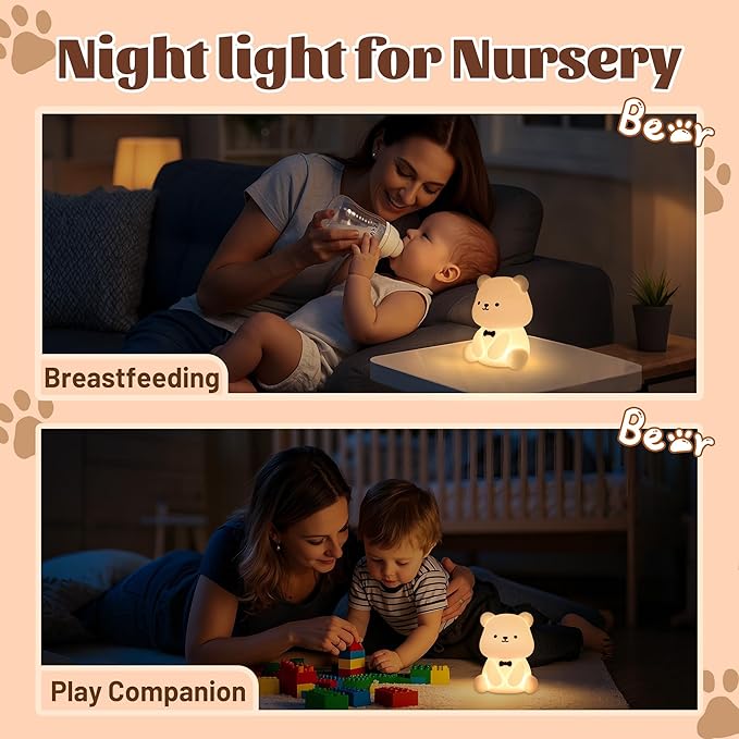 Attivolife Teddy Bear Night Light for Kids, Baby Nursery Beside Silicone Lamp, Protable USB Rechargeable Kids' Bedroom Nightlight with 8 Color Lights, Birthday Christmas Gifts for Girl Boy Children