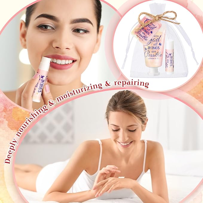 24 Sets Christian Hand Cream and Lip Balm Gift Set Christmas Christian Gift for Women Travel Size Hand Lotion Bible Verse Lip Balm Bulk for Baby Bridal Shower Mom Holiday Gift (Lovely)