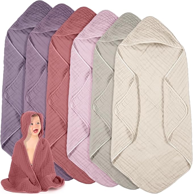 Peryiter 6 Pcs Muslin Hooded Baby Towels, 32"x 32" Cotton Newborn Bath Towel Muslin Infant Baby Blankets Absorbent Unisex Newborn Registry Gift Essentials for Girls Boys (Brown Series)