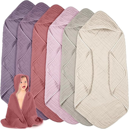 Peryiter 6 Pcs Muslin Hooded Baby Towels, 32"x 32" Cotton Newborn Bath Towel Muslin Infant Baby Blankets Absorbent Unisex Newborn Registry Gift Essentials for Girls Boys (Brown Series)