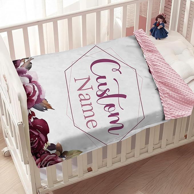 Personalized Baby Blanket with Name, Custom Toddler Blanket for Newborns, Purple Flowers Soft Double Layer Flannel Blankets, Personalized Baby Gifts for Nursery Infant Shower Birthday(47"x60")