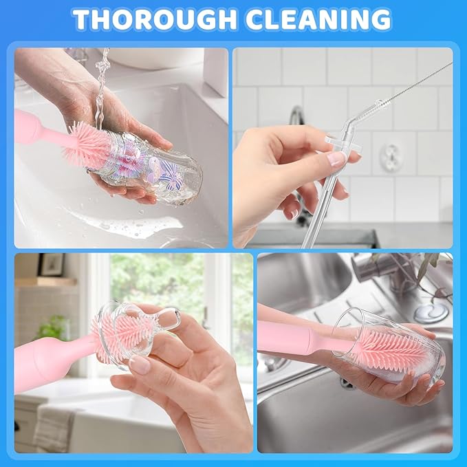 Electric Bottle Brush Cleaner, Bottle Brush Cleaner Baby with Nipple/Straw Cleaner Brush and Replaceable Silicone Bottle Brush, Waterproof Electric Bottle Cleaner, 2 Modes & 360° Rotation, Pink
