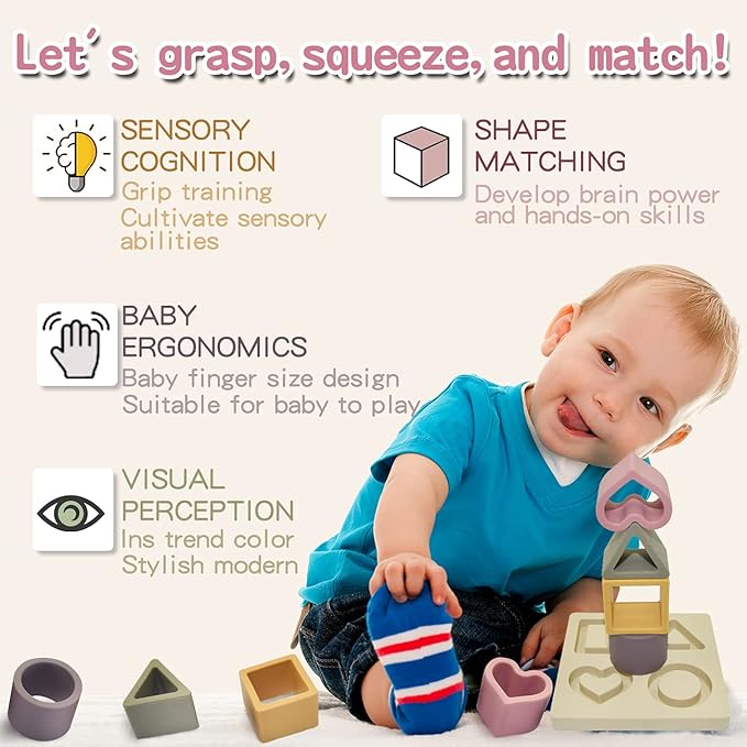 Baby Soft Nesting Sorting Stacking Toys Silicone Teething Blocks Shapes Recognition Learning Development Toys for Toddler 3+ Months(Beige)