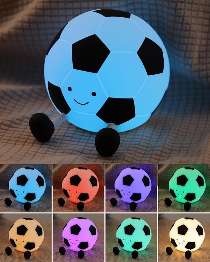 YISUN Soccer Silicone Night Light for Kid, Rechargeable Night Lights with 7 Colors & Timer, Cute Squishy Lamp for Boys Girls Christmas Gifts, Dimmable LED Light Room Decor Toys