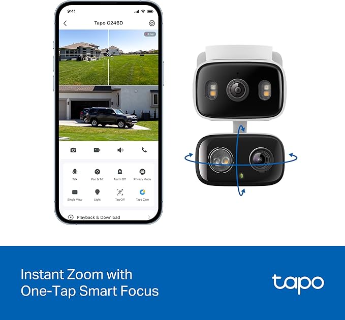 Tapo 2K 3MP Indoor/Outdoor Dual Lens Pan/Tilt Security Camera – 125° Wide-Angle + 6mm Telephoto, Free Person/Vehicle Detection, 360° View, SD/Cloud, Works w/Alexa & Google Home – HybridCam Duo