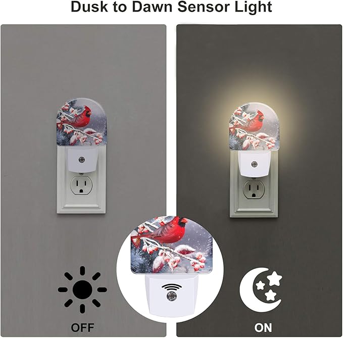 Winter Red Cardinal Bird Night Light for Kids,Christmas Pine Tree Snow Cardinal Night Light Plug in with Dusk to Dawn Sensor,0.5w Energy Saving Nightlight for Hallway Stairway Kitchen Bedroom