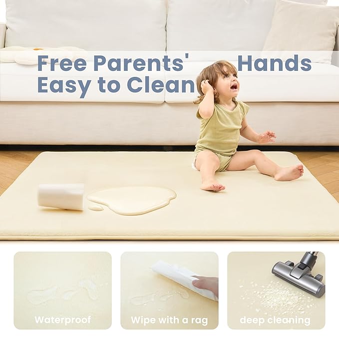 ACOMOPACK 1.3" Thick Baby Play Mat for Floor 59x71"-Large Water-Repellent&Non-Slip Memory Foam Mat for Kids,Toddlers,Soft Velvet Nursery Rug for Tummy Time&Crawling,Yoga,Tatami Style(Beige)