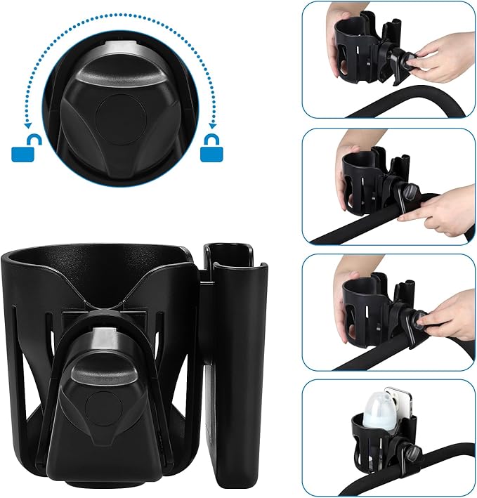 Accmor Universal Cup Holder, Stroller Cup Holder with Phone Holder, 360° Rotatable Large Caliber Designed Bottle Holder for Stroller, Bike, Wheelchair, Walker, Scooter