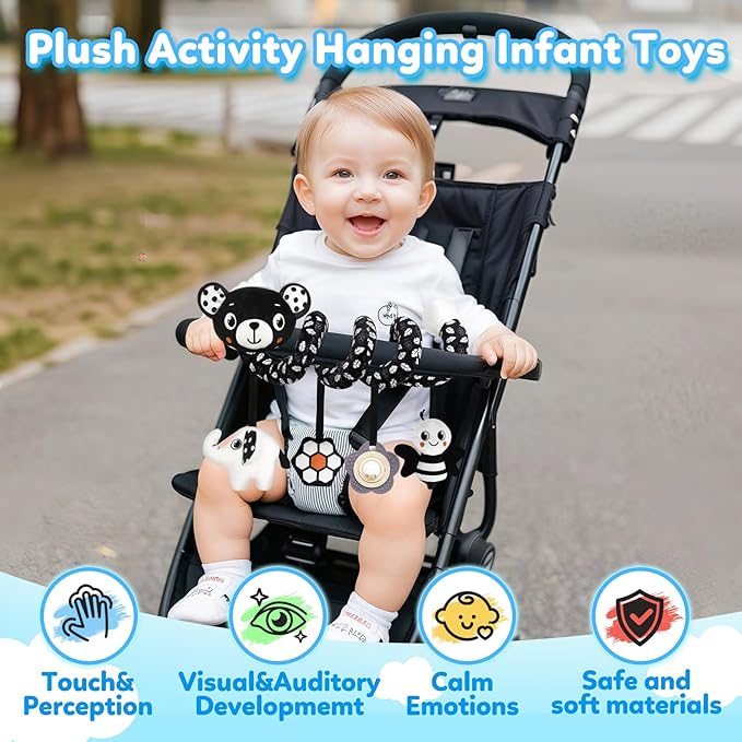 Baby Carseat Toy Black & White Rattle Spiral Hanging Activity Stroller Toy for Newborns Boys and Girls - Bear