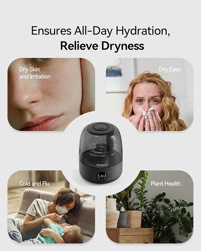 Humidifiers for Bedroom Large Room Home, 3L Cool Mist Humidifiers for Baby Nursery & Plants, Ultrasonic, Oil Diffuser, Timer, Auto Shut-Off, 360° Nozzle, 26dB Quiet, Automatic Mode